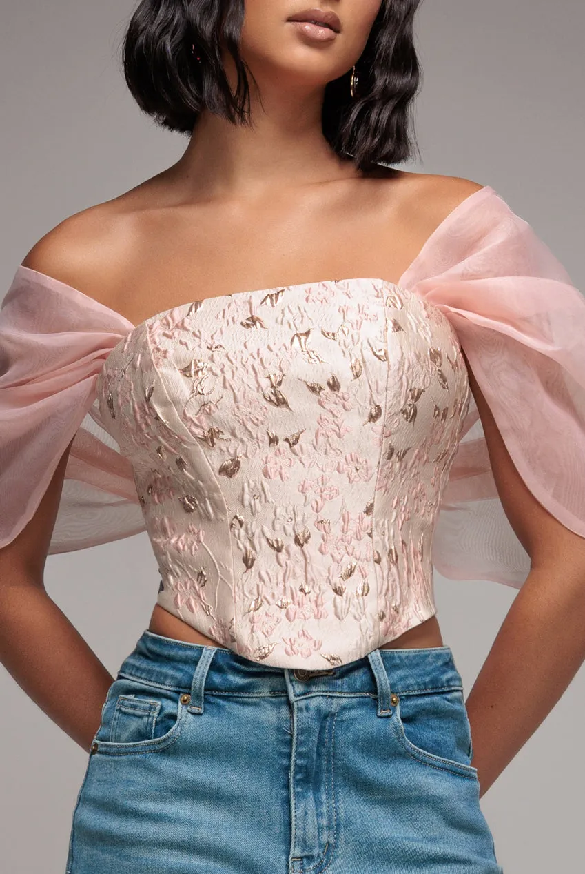 Off Shoulder Jacquard Top With Organza Wings - Blush Pink by Goddiva sold by Goddiva product image thumbnail 3