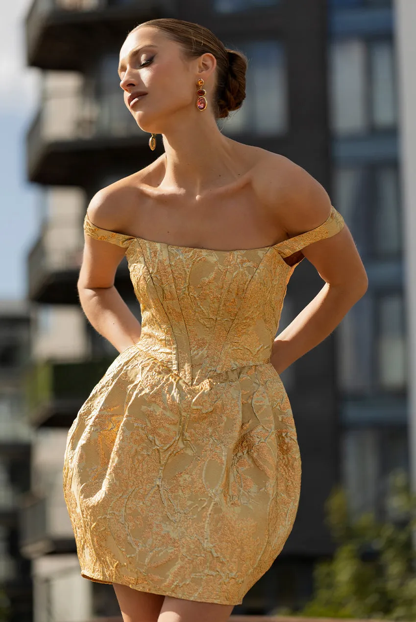Corset Balloon Skirt Lace Up Back Mini Dress - Gold by Goddiva sold by Goddiva