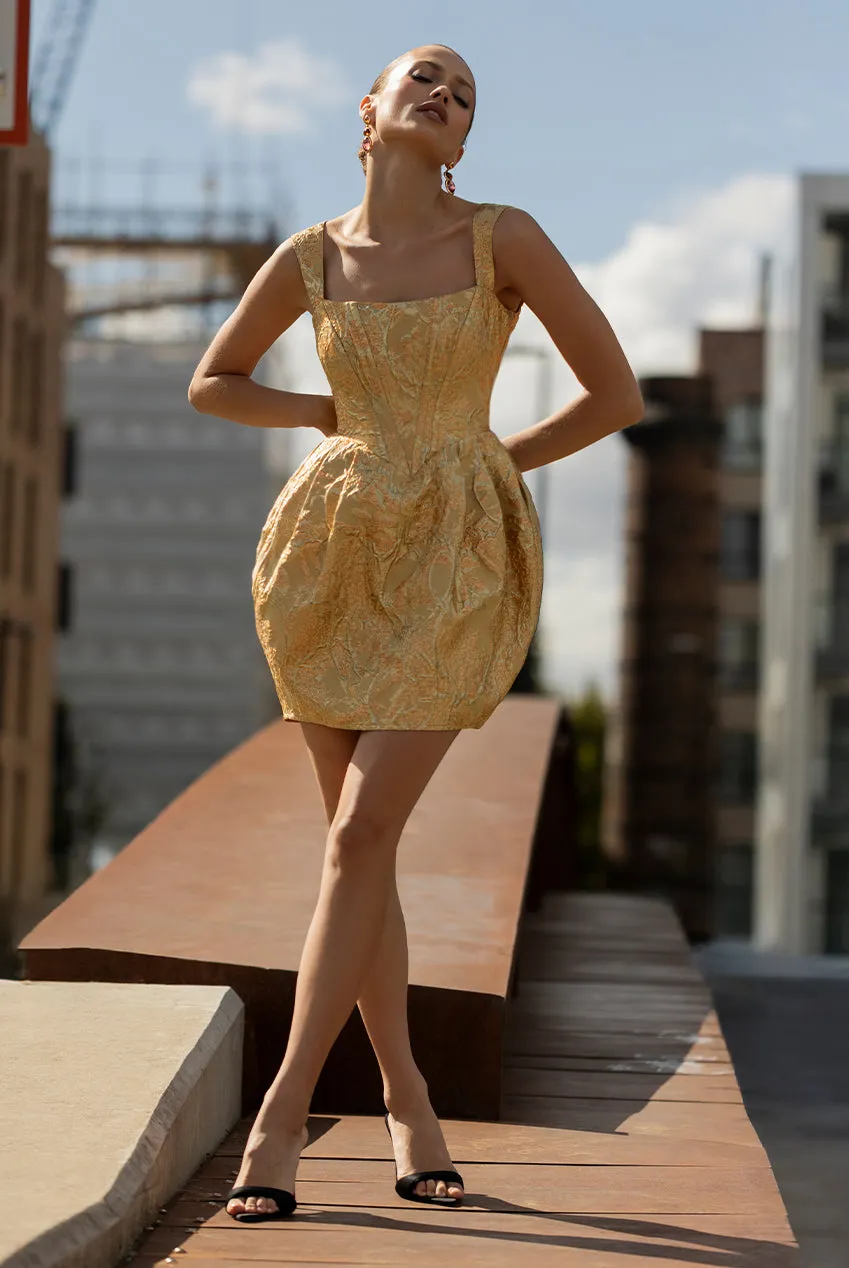 Corset Balloon Skirt Lace Up Back Mini Dress - Gold by Goddiva sold by Goddiva product image thumbnail 2