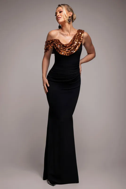 Cowl One Shoulder Contrast Sequin & Scuba Crepe Maxi Dress - Bronze by Goddiva sold by Goddiva