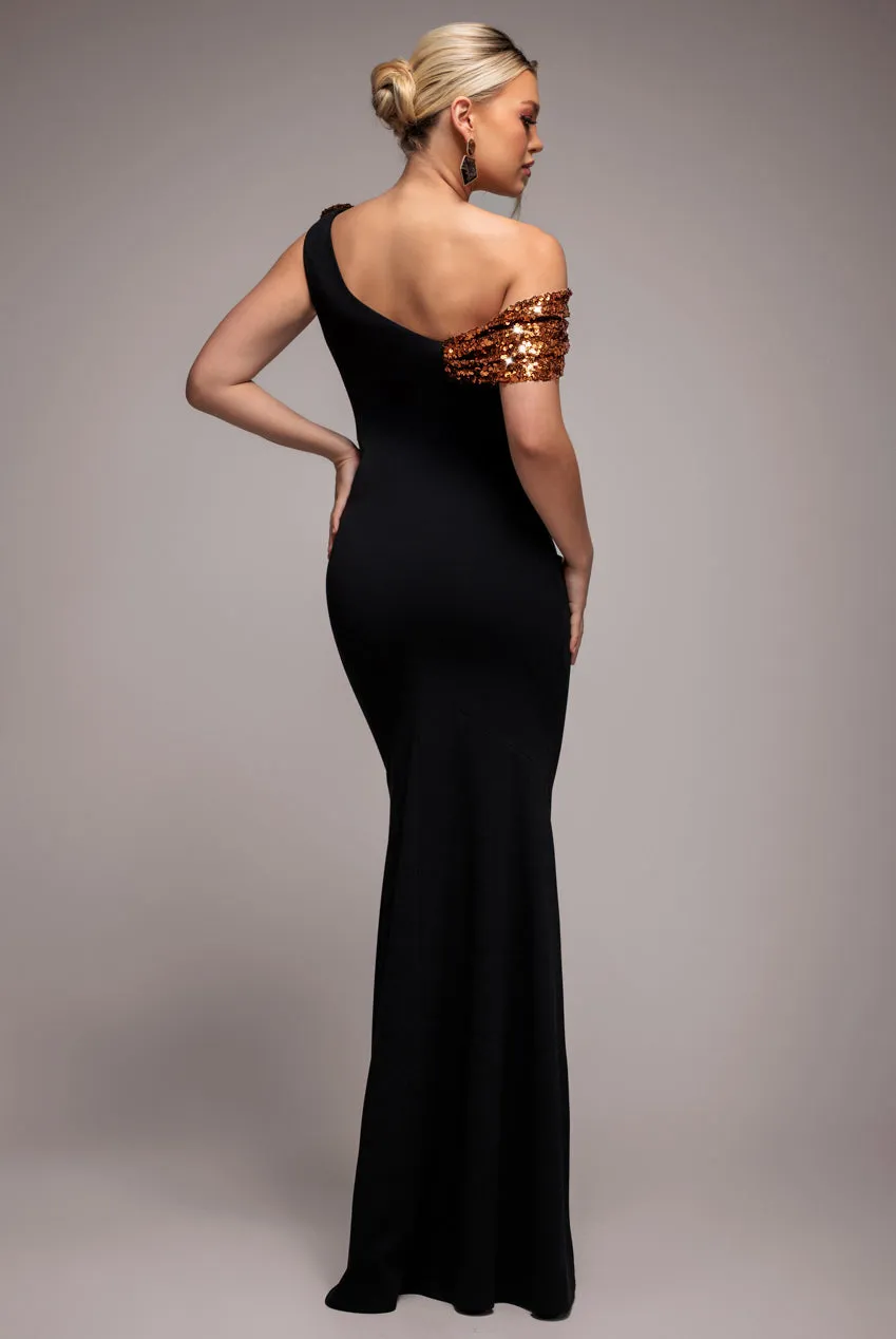 Cowl One Shoulder Contrast Sequin & Scuba Crepe Maxi Dress - Bronze by Goddiva sold by Goddiva product image thumbnail 2