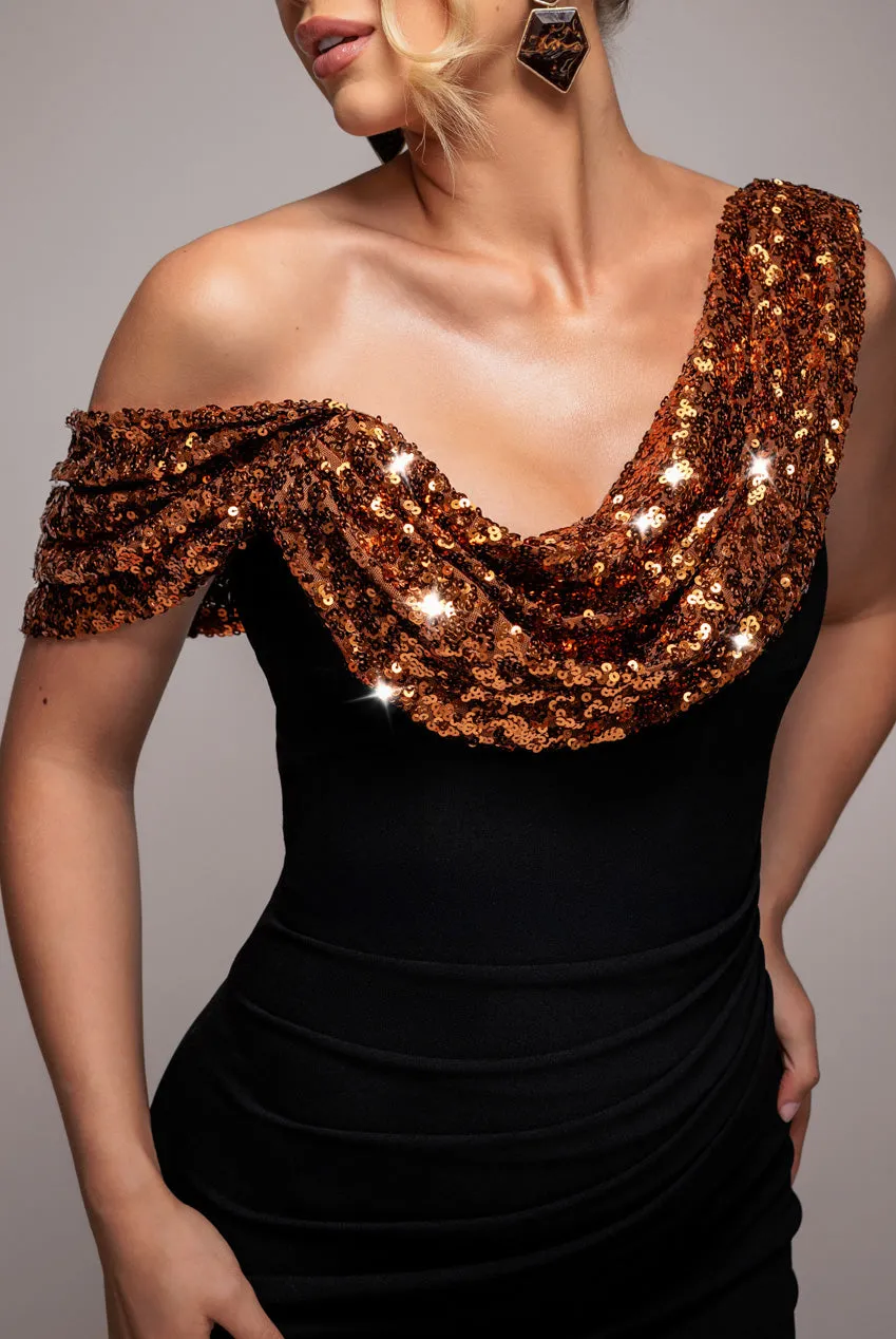 Cowl One Shoulder Contrast Sequin & Scuba Crepe Maxi Dress - Bronze by Goddiva sold by Goddiva product image thumbnail 3