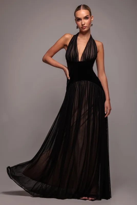 Velvet And Dobby Mesh A Line Halter Maxi Dress - Black by Goddiva sold by Goddiva