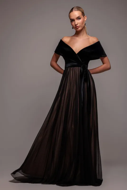 Velvet Bardot Dobby Mesh A Line Maxi Dress - Black by Goddiva sold by Goddiva