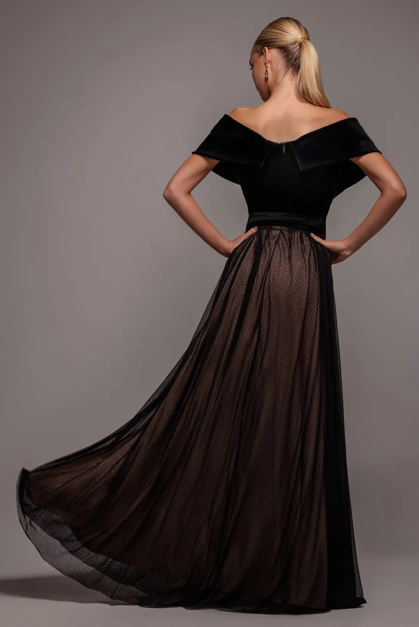 Velvet Bardot Dobby Mesh A Line Maxi Dress - Black by Goddiva sold by Goddiva product image thumbnail 2