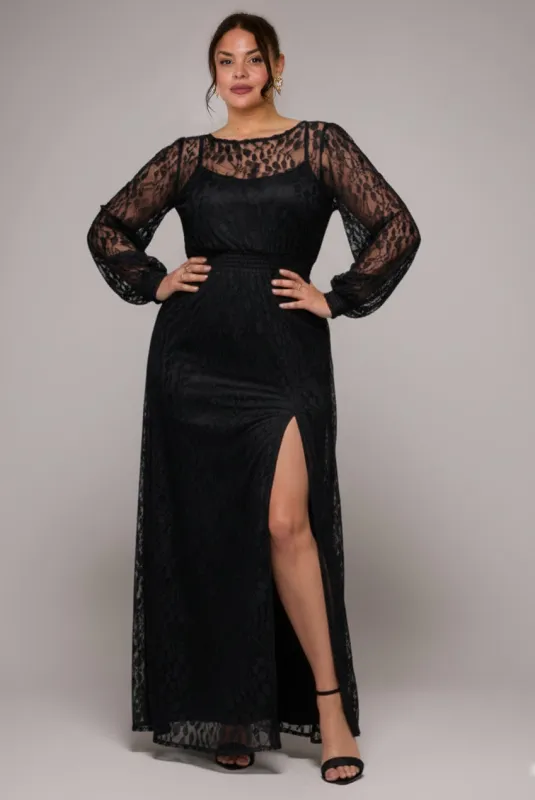 Lace Long Sleeve Shirred Waist Maxi Dress - Black by Goddiva Plus sold by Goddiva