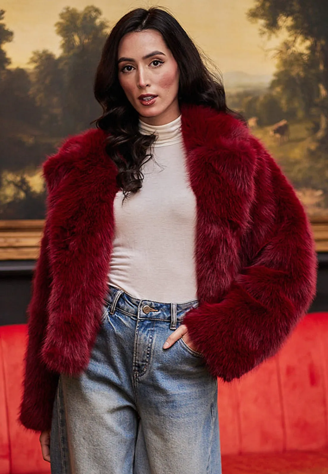 Faux Fur Short Coat In Burgundy by Angeleye sold by Goddiva product image thumbnail 5