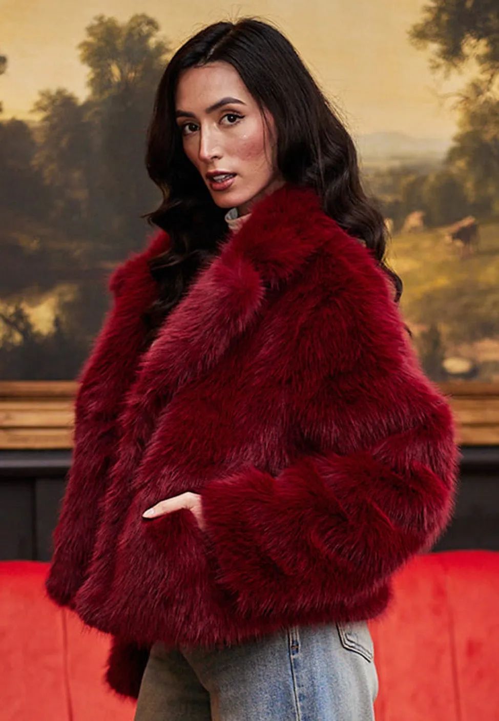 Faux Fur Short Coat In Burgundy by Angeleye sold by Goddiva product image thumbnail 2