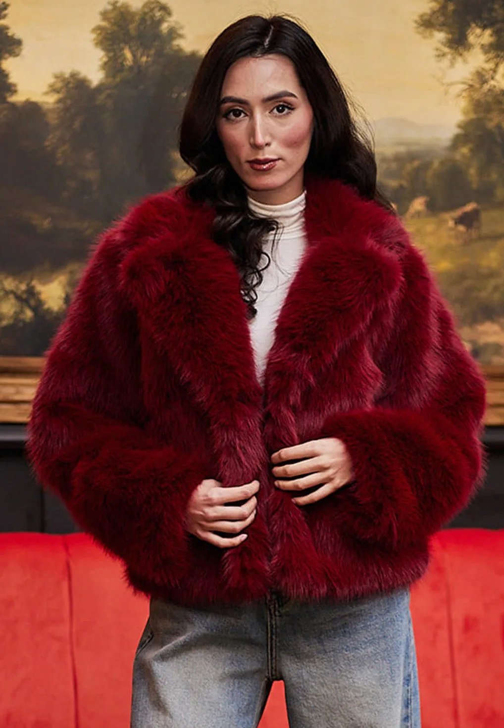 Faux Fur Short Coat In Burgundy by Angeleye sold by Goddiva product image thumbnail 3