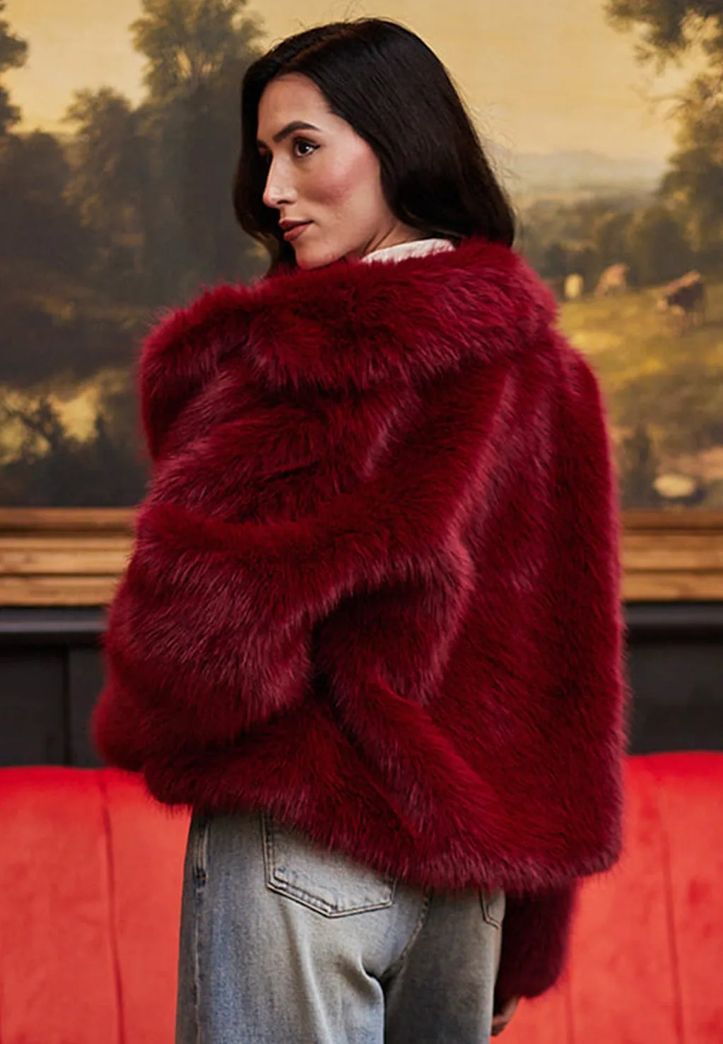Faux Fur Short Coat In Burgundy by Angeleye sold by Goddiva product image thumbnail 4