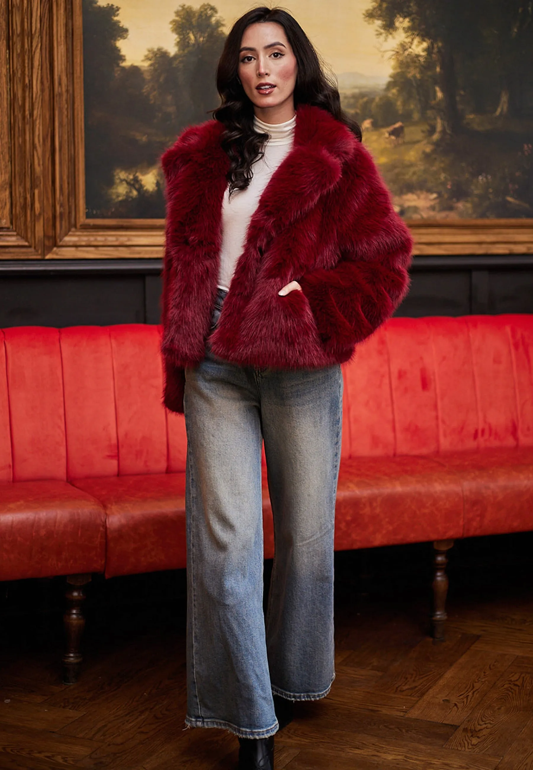 Faux Fur Short Coat In Burgundy by Angeleye sold by Goddiva