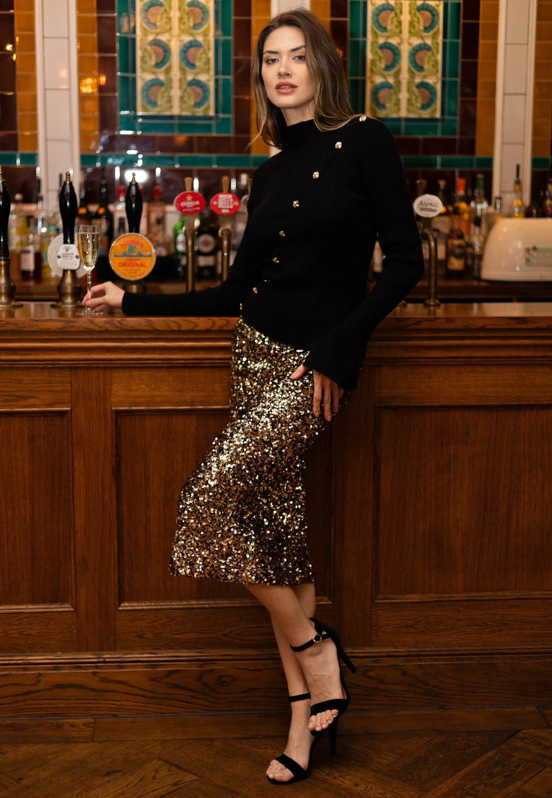 Sequin Midi Skirt In Black Gold by Angeleye sold by Goddiva product image thumbnail 3