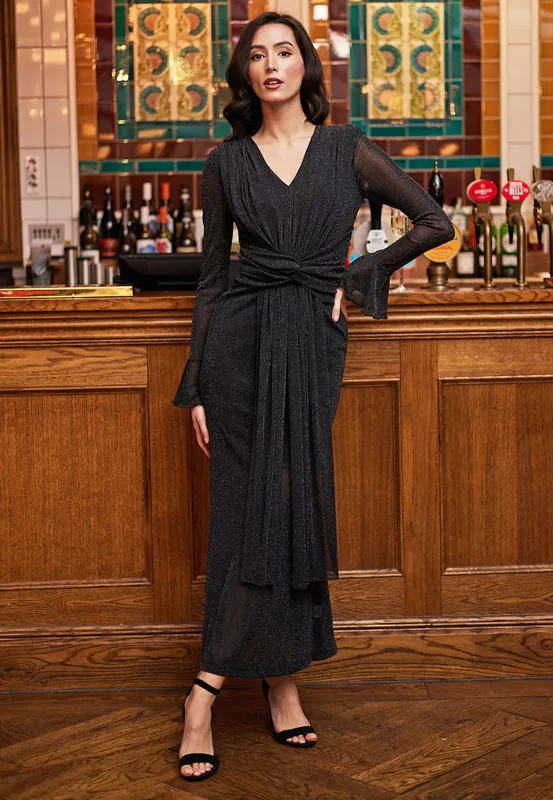 Midi Draped Mesh Dress In Black Glitter by Angeleye sold by Goddiva