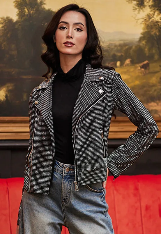 Sequin Biker Jacket In Black by Angeleye sold by Goddiva
