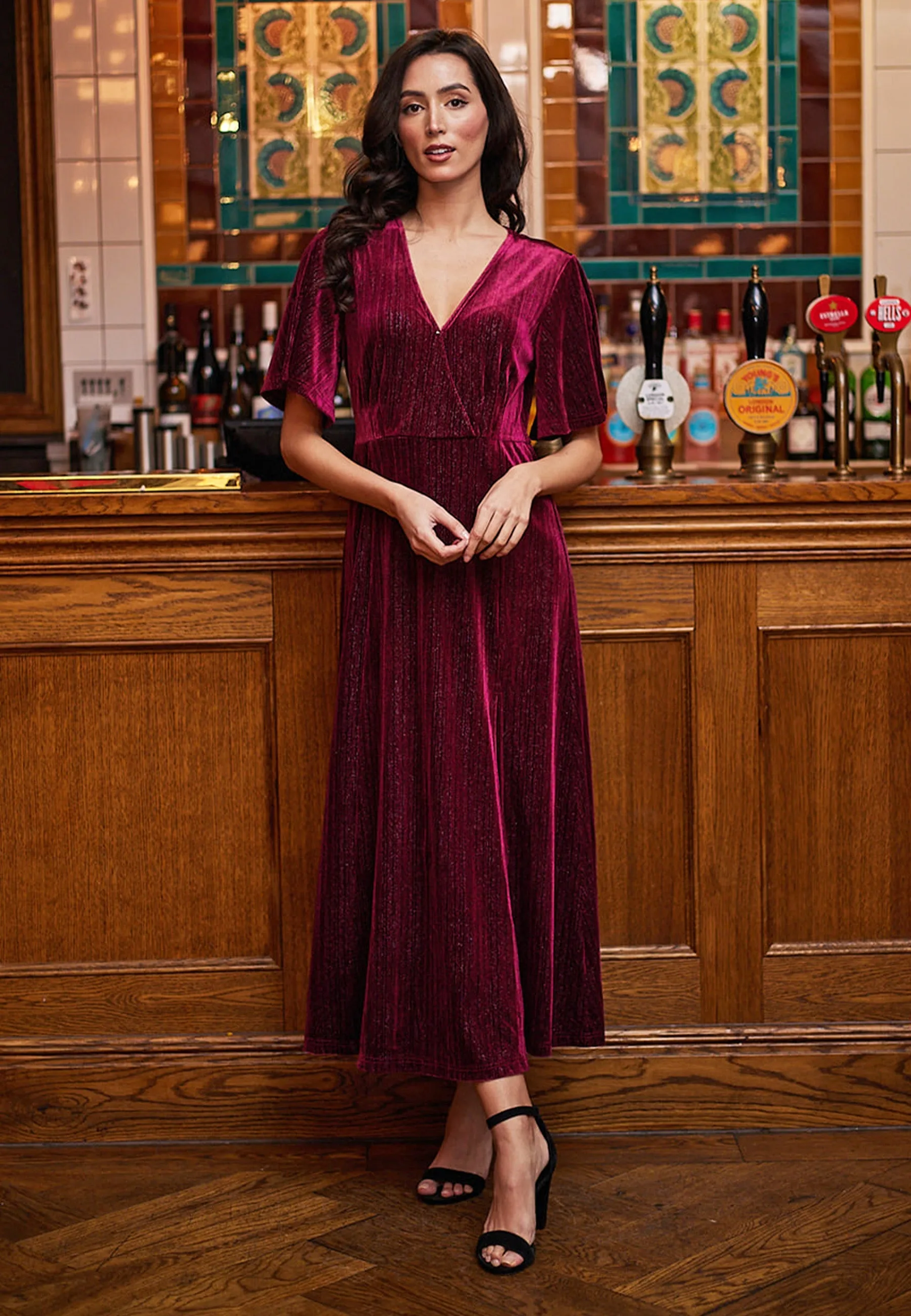 Midi Velvet Dress In Burgundy Shimmer by Angeleye sold by Goddiva product image thumbnail 3