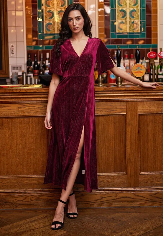 Midi Velvet Dress In Burgundy Shimmer by Angeleye sold by Goddiva