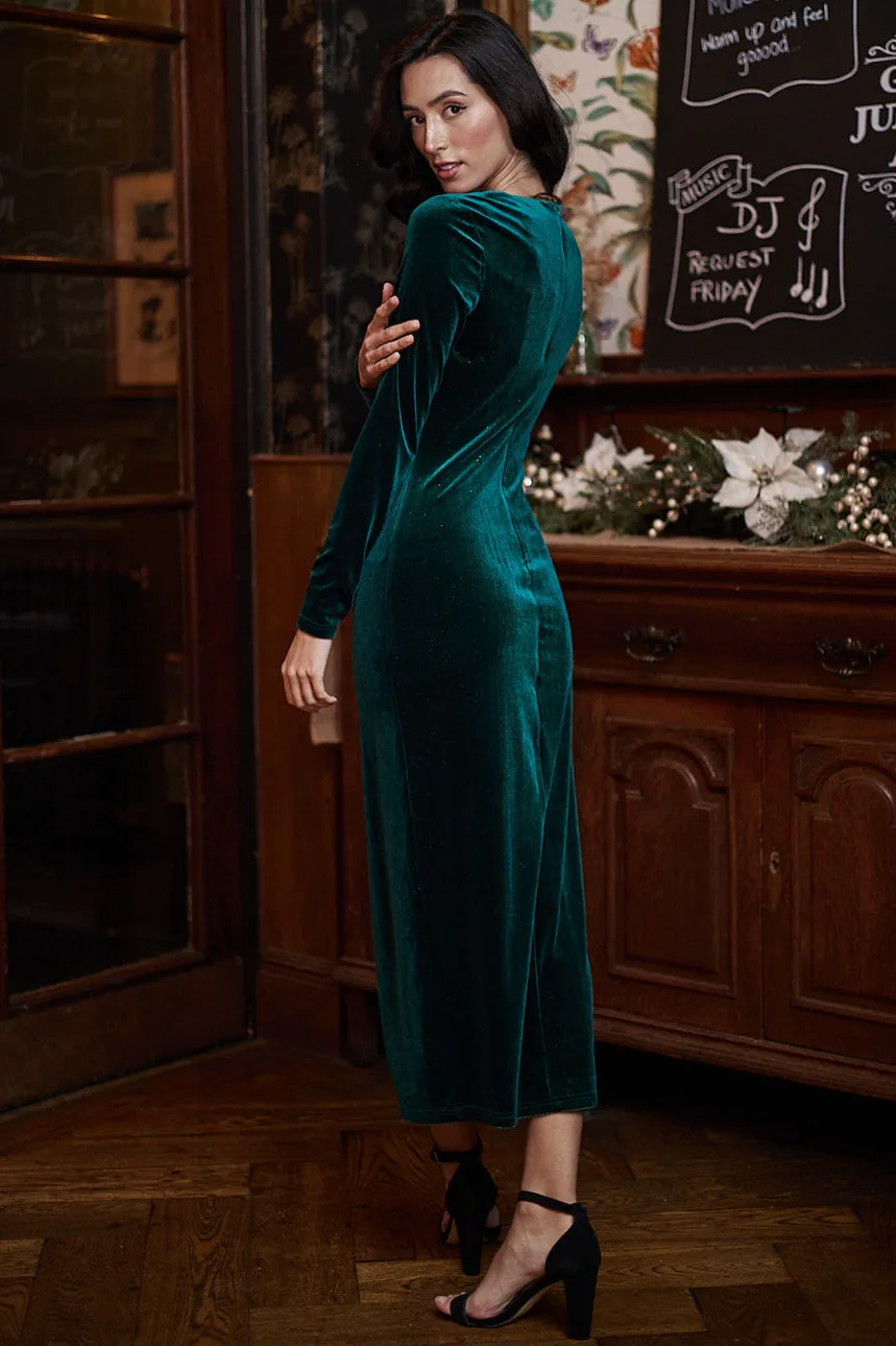 Midi Ruched Dress In Green Velvet by Angeleye sold by Goddiva product image thumbnail 4