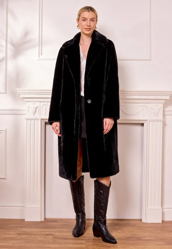 Faux Fur Coat In Black by Angeleye sold by Goddiva