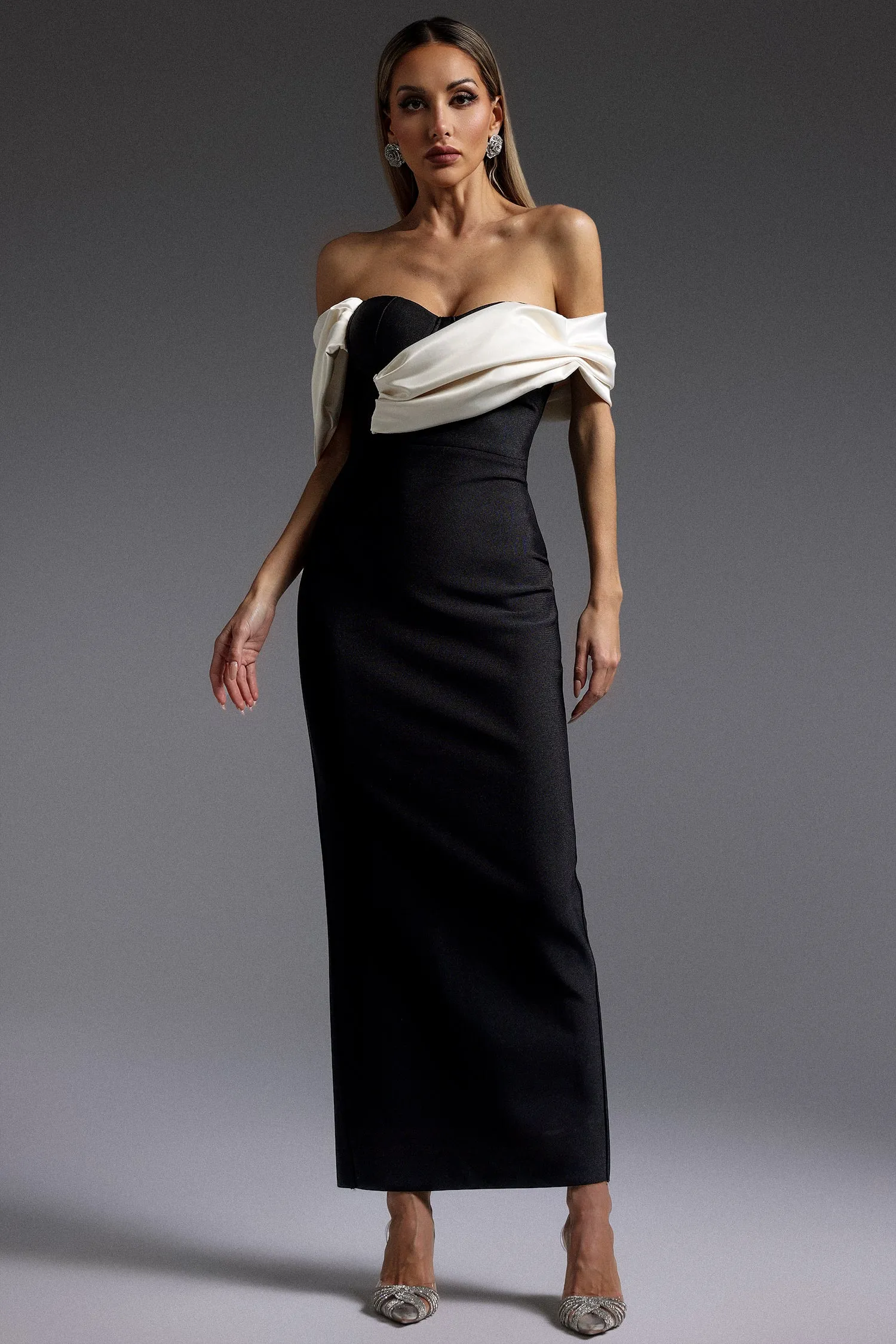 Lala Off-The-Shoulder Fold Bandage Maxi Dress by Bella Barnett sold by Goddiva