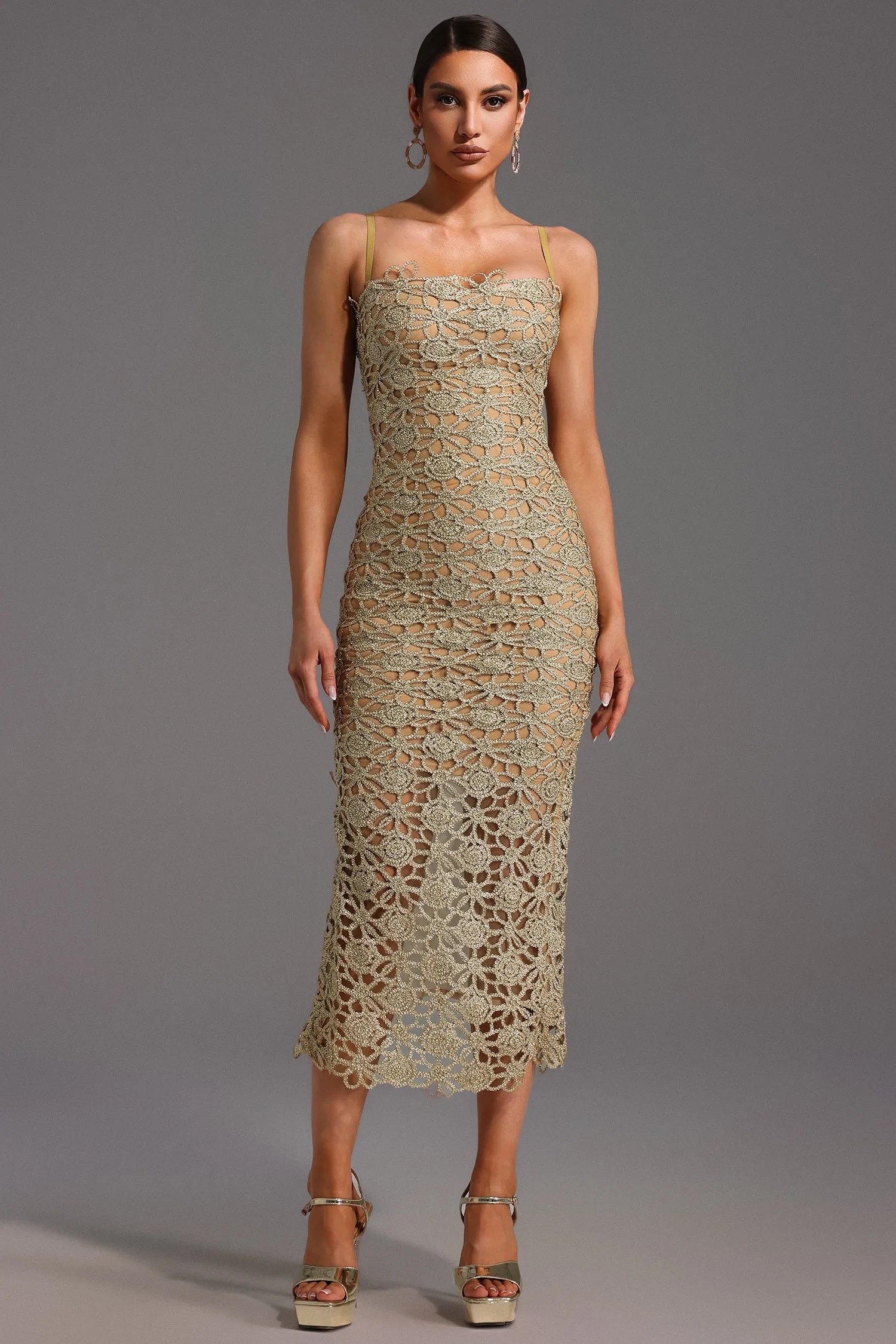 Lelia Sleeveless Hollow Out Slit Midi Dress by Bella Barnett sold by Goddiva