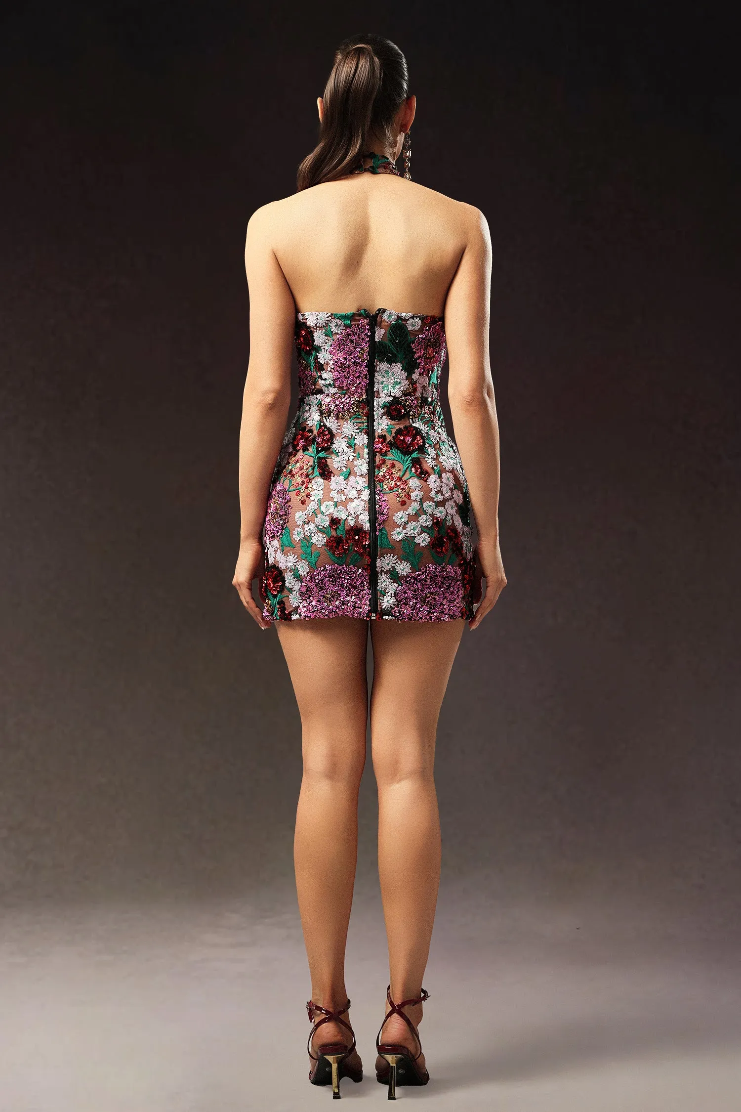 Polasa Halter Sleeveless Sequins Flower Mini Dress by Bella Barnett sold by Goddiva product image thumbnail 3