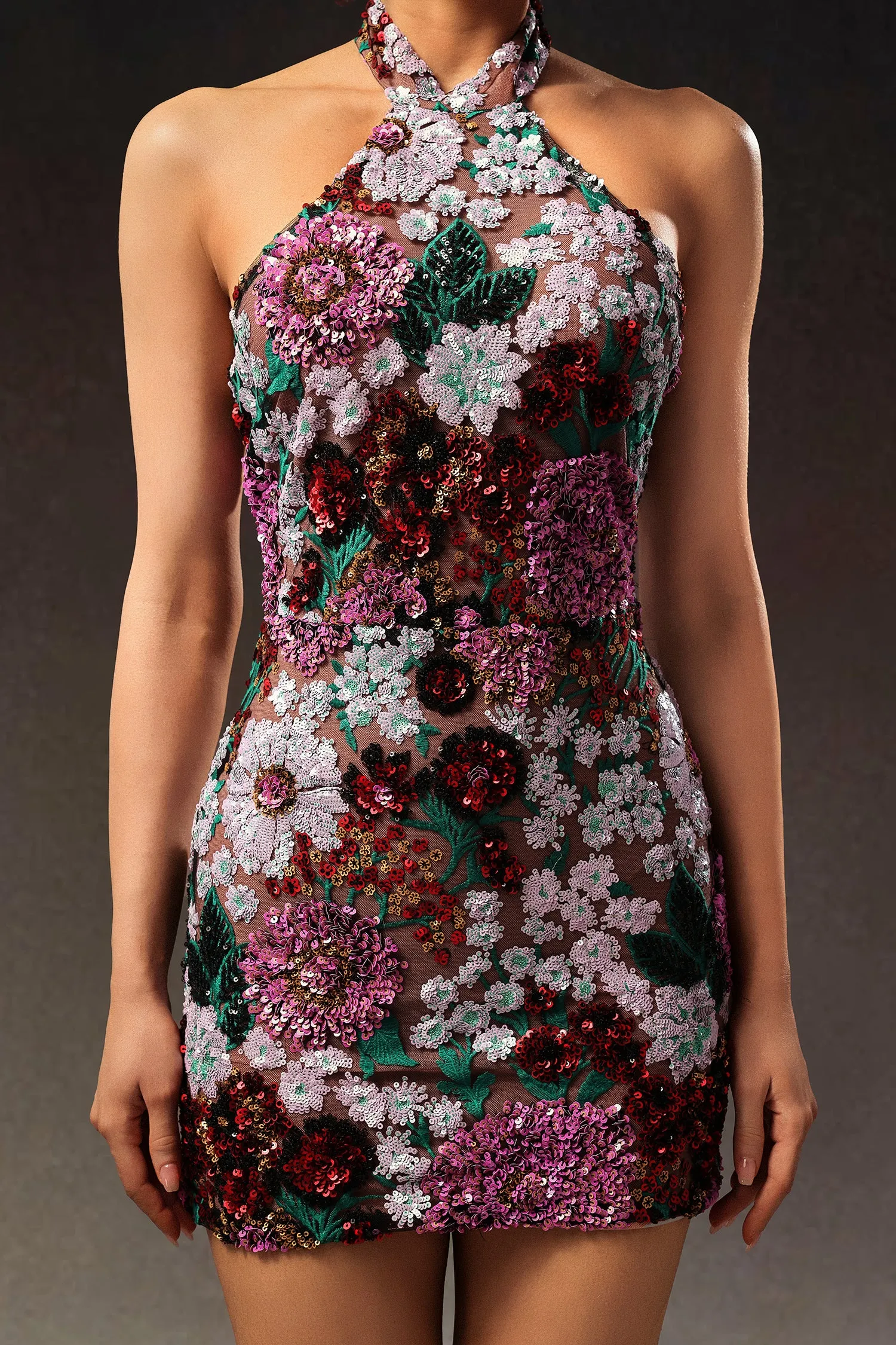 Polasa Halter Sleeveless Sequins Flower Mini Dress by Bella Barnett sold by Goddiva product image thumbnail 5