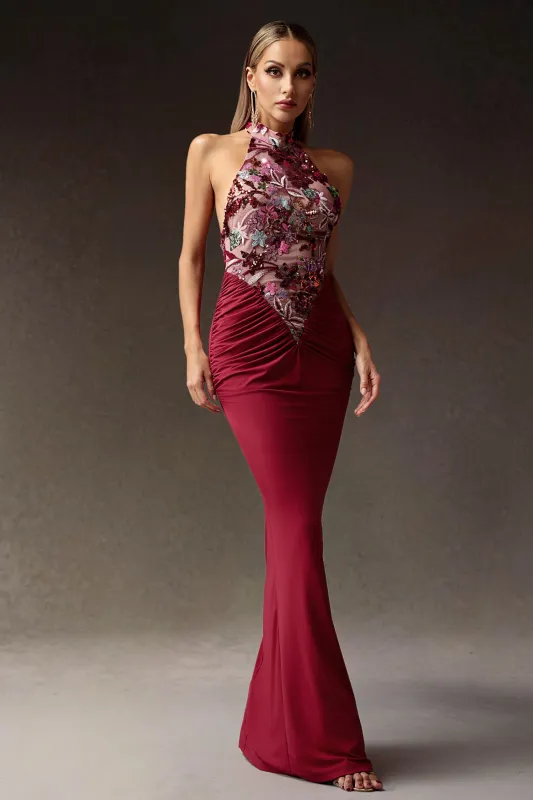 Elisabeth Flowers Sequins Slim Maxi Dress by Bella Barnett sold by Goddiva