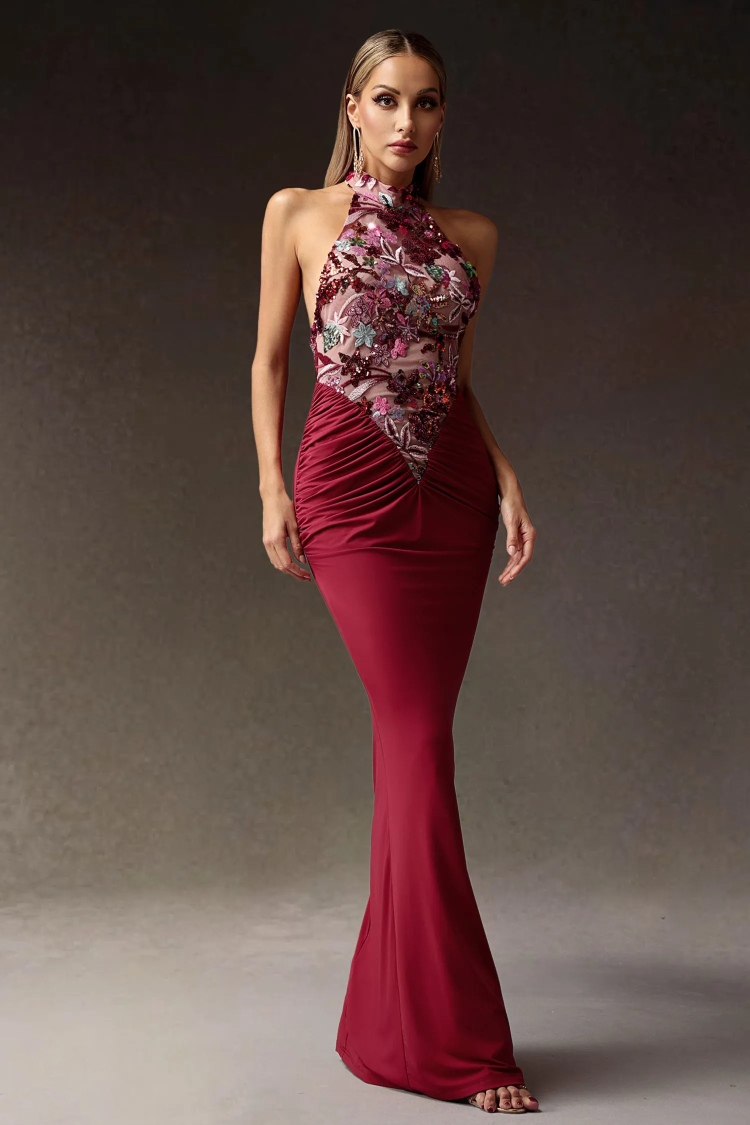 Elisabeth Flowers Sequins Slim Maxi Dress by Bella Barnett sold by Goddiva