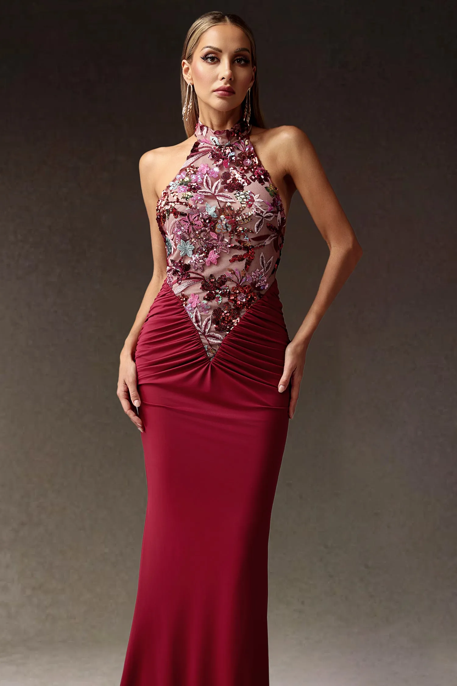 Elisabeth Flowers Sequins Slim Maxi Dress by Bella Barnett sold by Goddiva product image thumbnail 2