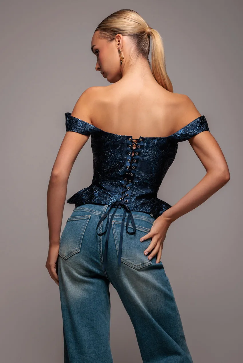 Sleeveless Jacquard Lace Up Back Corset - Navy Blue by Goddiva sold by Goddiva product image thumbnail 5