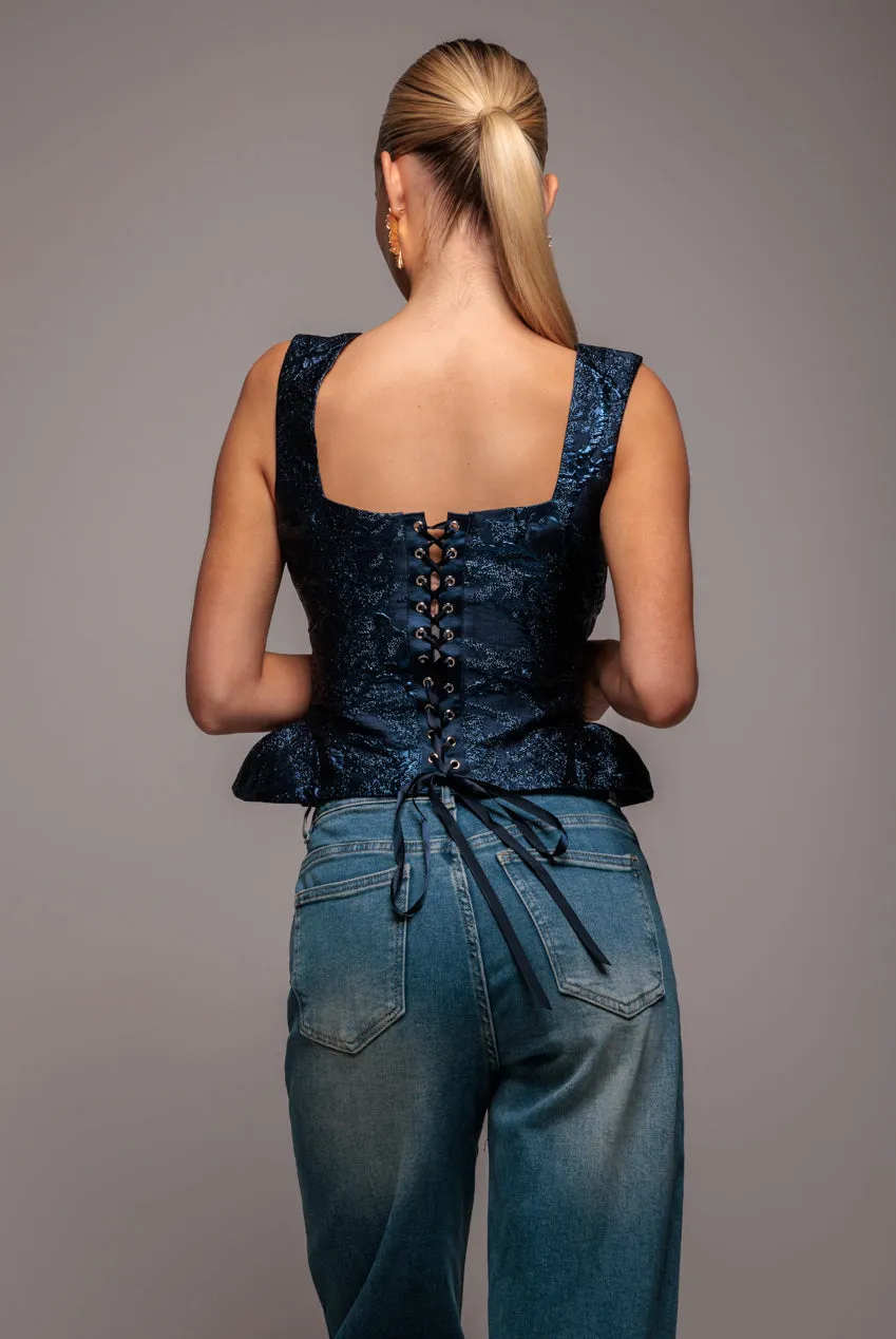 Sleeveless Jacquard Lace Up Back Corset - Navy Blue by Goddiva sold by Goddiva product image thumbnail 3