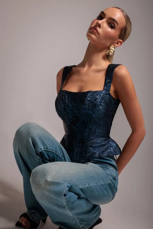 Sleeveless Jacquard Lace Up Back Corset - Navy Blue by Goddiva sold by Goddiva