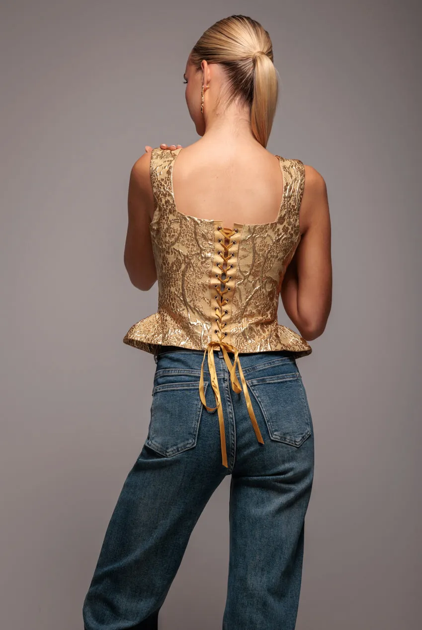 Sleeveless Jacquard Lace Up Back Corset - Gold by Goddiva sold by Goddiva product image thumbnail 2