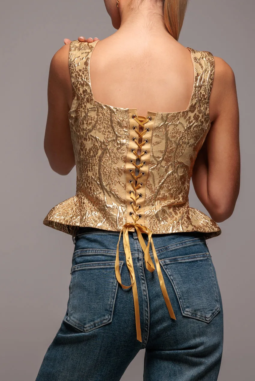 Sleeveless Jacquard Lace Up Back Corset - Gold by Goddiva sold by Goddiva product image thumbnail 4