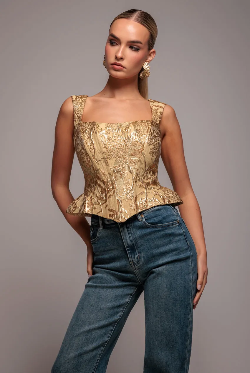 Sleeveless Jacquard Lace Up Back Corset - Gold by Goddiva sold by Goddiva