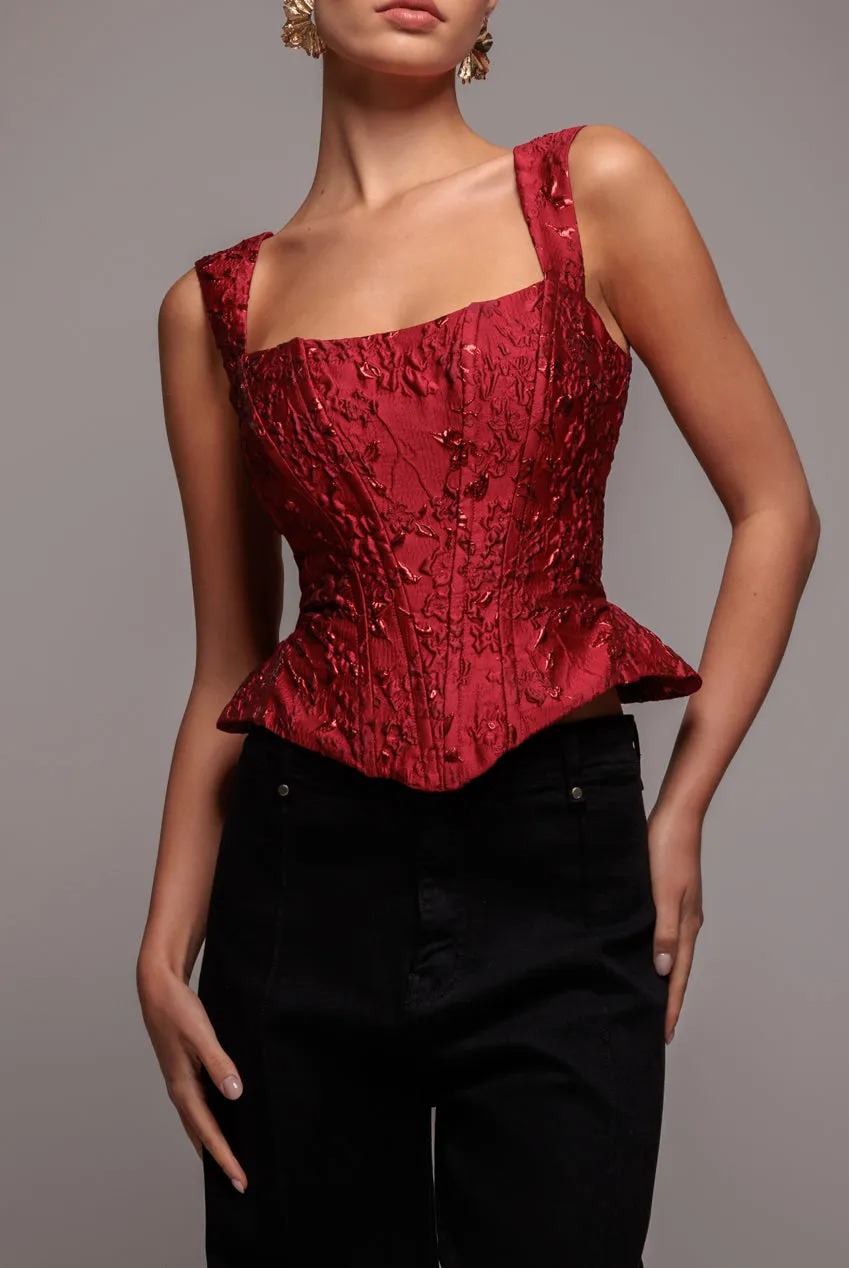 Sleeveless Jacquard Lace Up Back Corset - Red by Goddiva sold by Goddiva product image thumbnail 3
