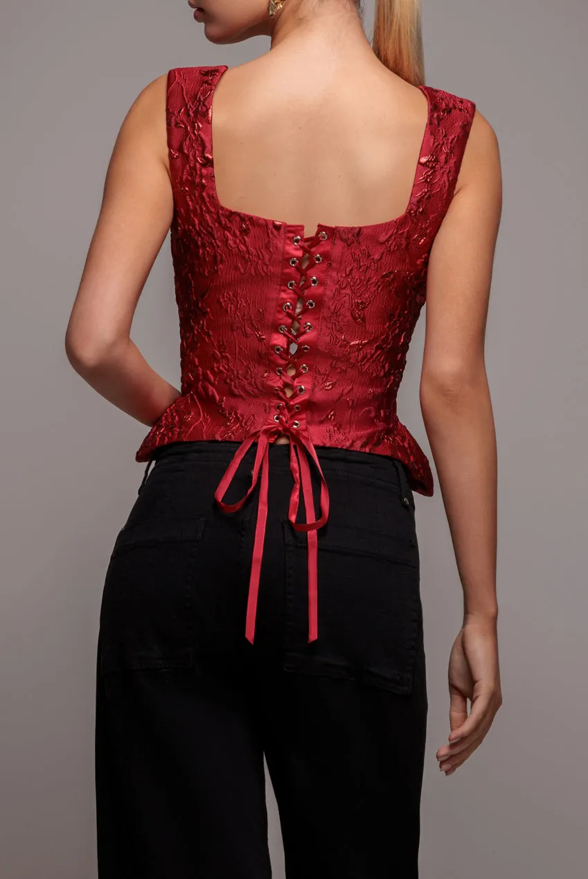Sleeveless Jacquard Lace Up Back Corset - Red by Goddiva sold by Goddiva product image thumbnail 4