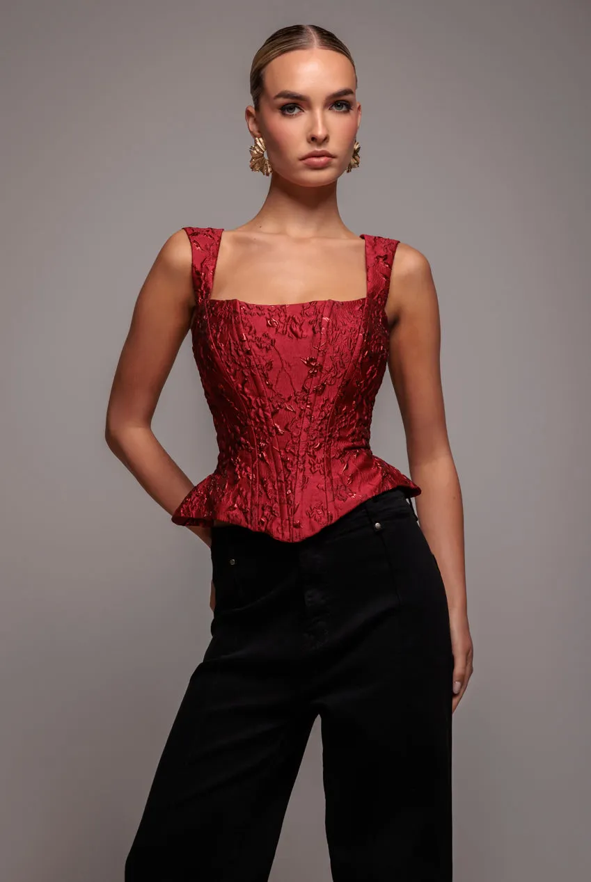 Sleeveless Jacquard Lace Up Back Corset - Red by Goddiva sold by Goddiva