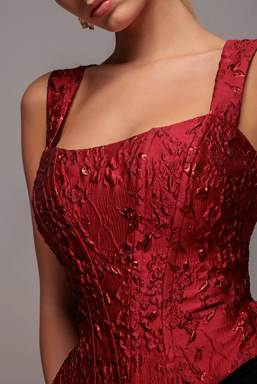 Sleeveless Jacquard Lace Up Back Corset - Red by Goddiva sold by Goddiva product image thumbnail 5