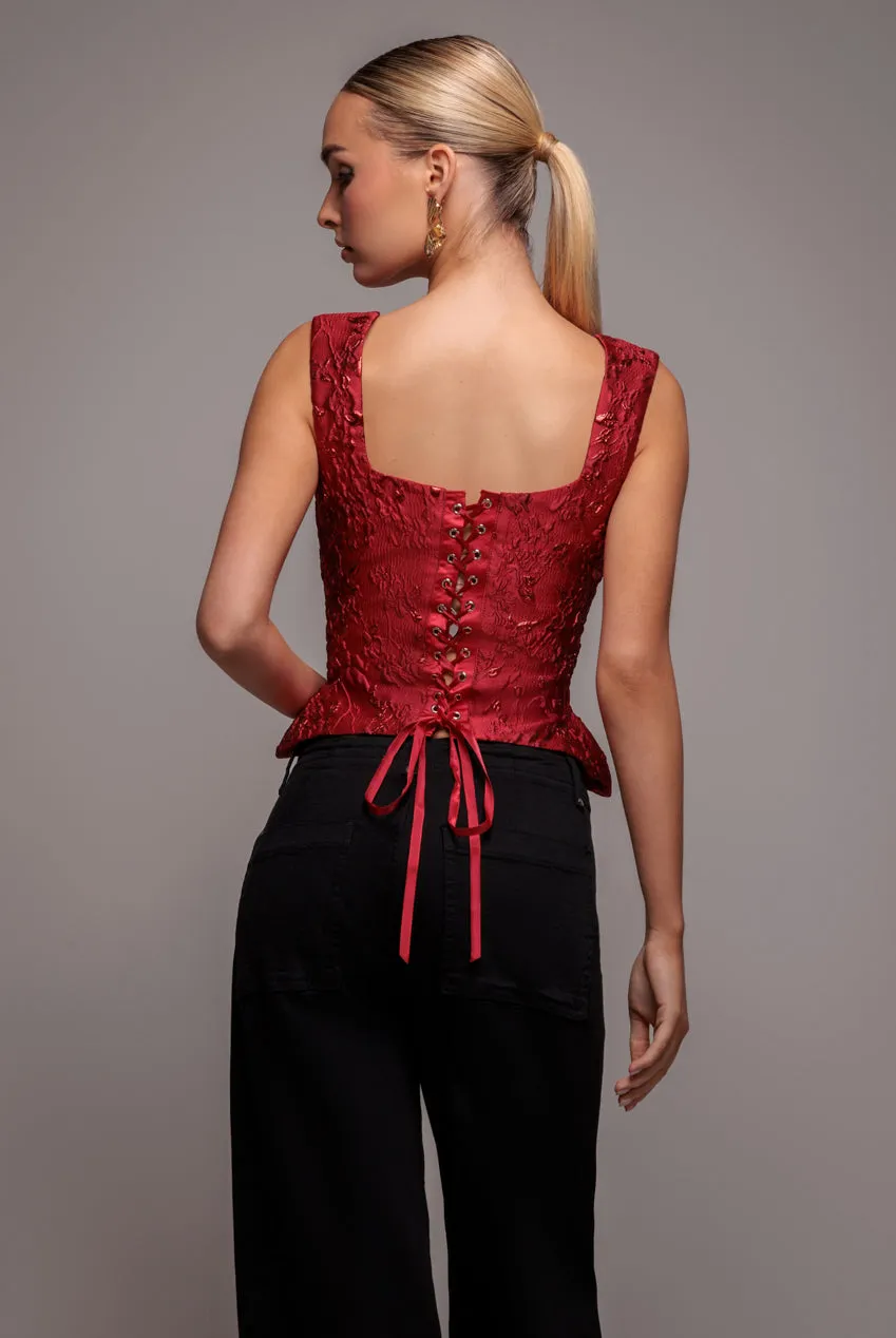 Sleeveless Jacquard Lace Up Back Corset - Red by Goddiva sold by Goddiva product image thumbnail 2