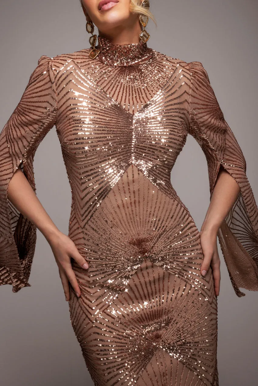 Sequin Starburst Cape Sleeve Midi Dress - Champagne by Goddiva sold by Goddiva product image thumbnail 4