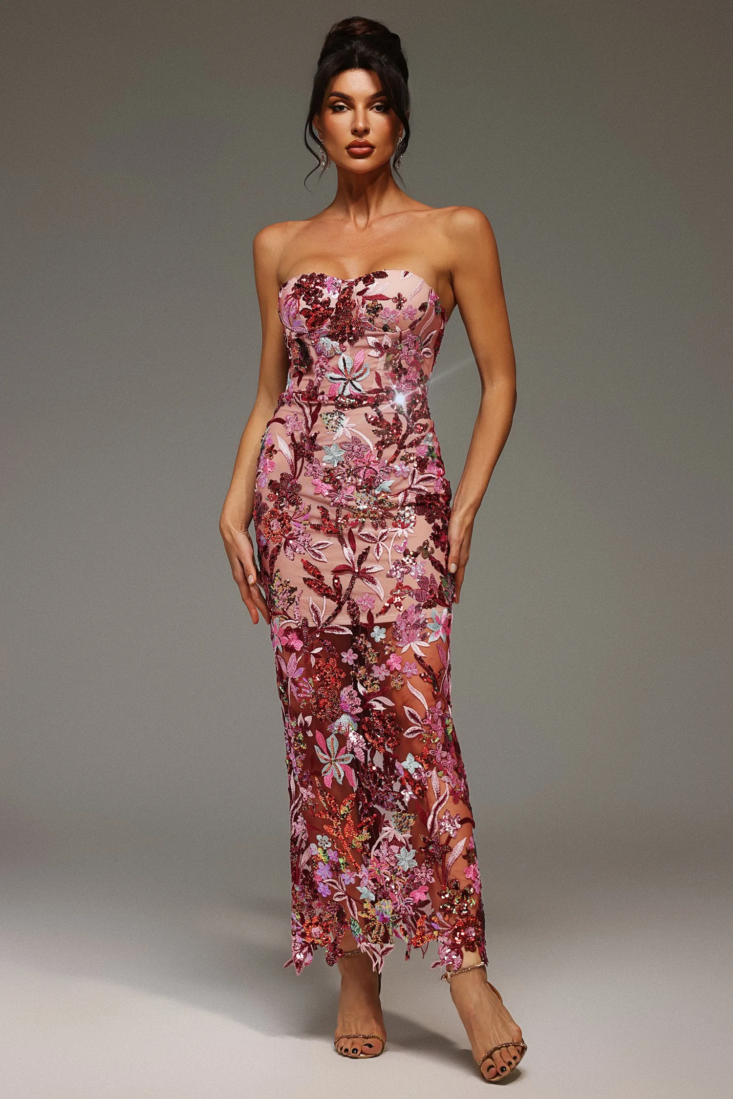 Lilya Off-the-Shoulder Embroidery Sequin Maxi Dress by Bella Barnett sold by Goddiva