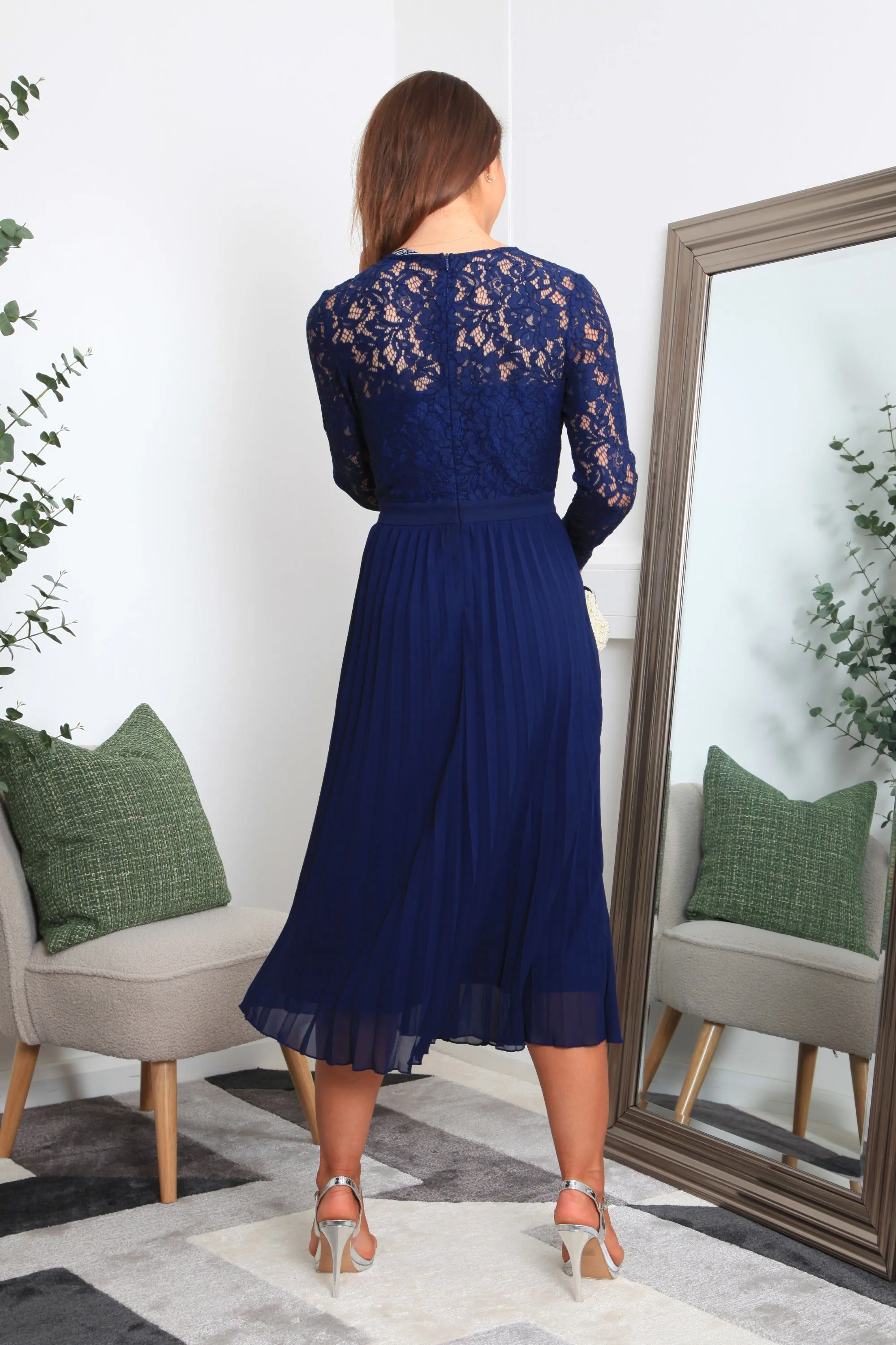 Navy Long Sleeve Lace Pleated Dress by Double Second sold by Goddiva product image thumbnail 5