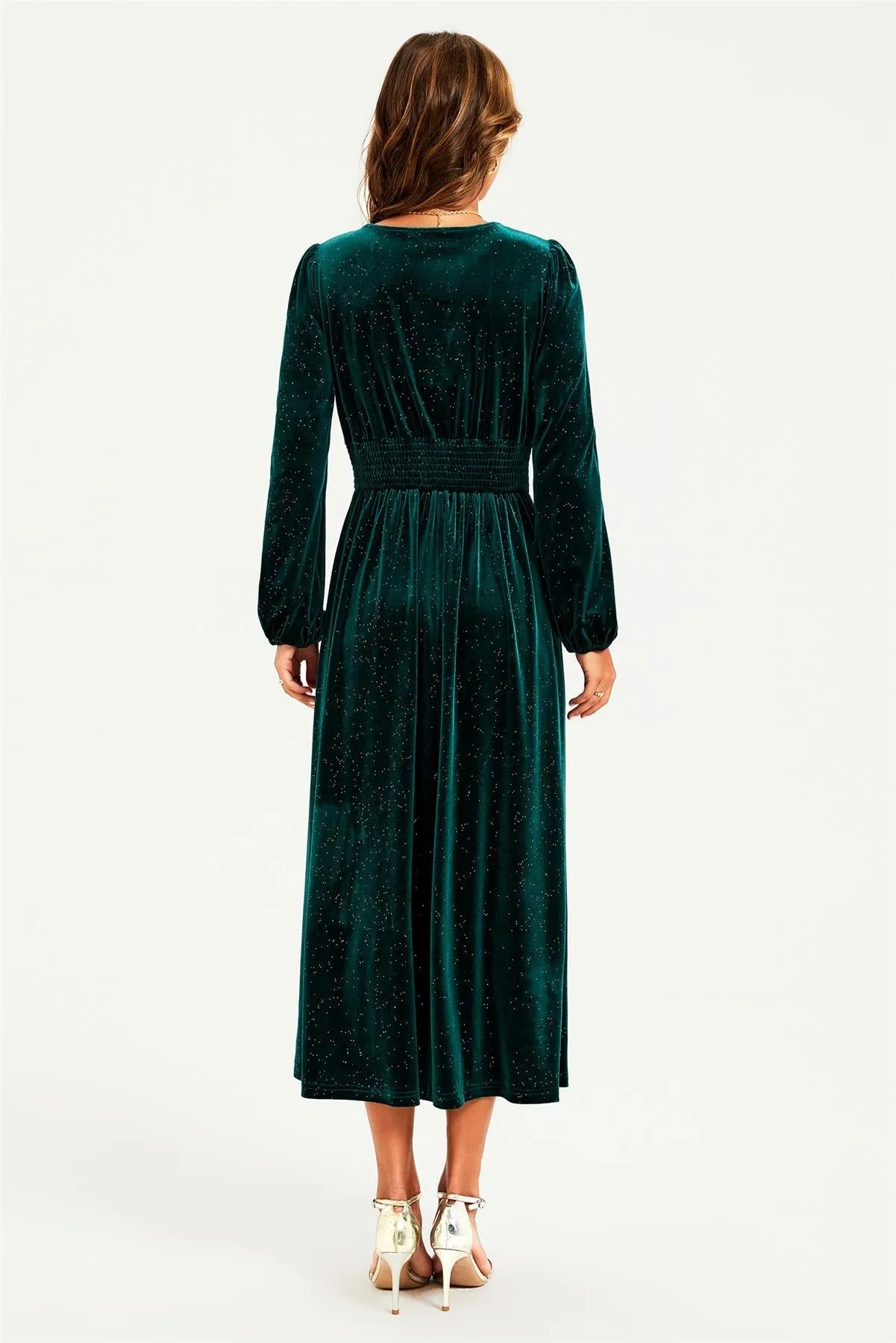 Silver Foil Velvet Lace Trim Neckline Midi Dress In Green by FS Collection sold by Goddiva product image thumbnail 2