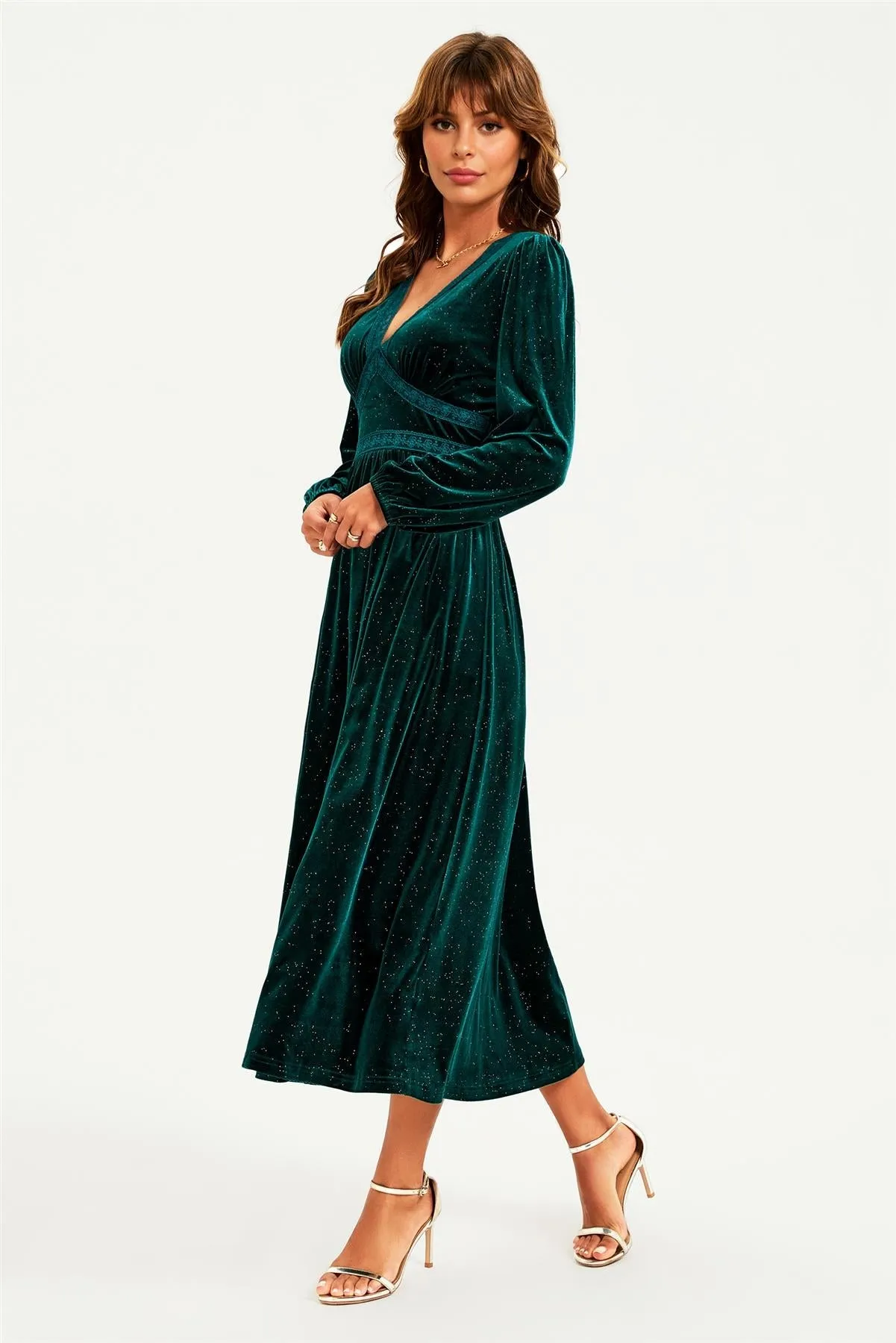 Silver Foil Velvet Lace Trim Neckline Midi Dress In Green by FS Collection sold by Goddiva product image thumbnail 3