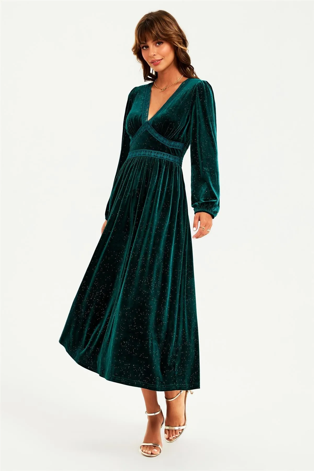 Silver Foil Velvet Lace Trim Neckline Midi Dress In Green by FS Collection sold by Goddiva