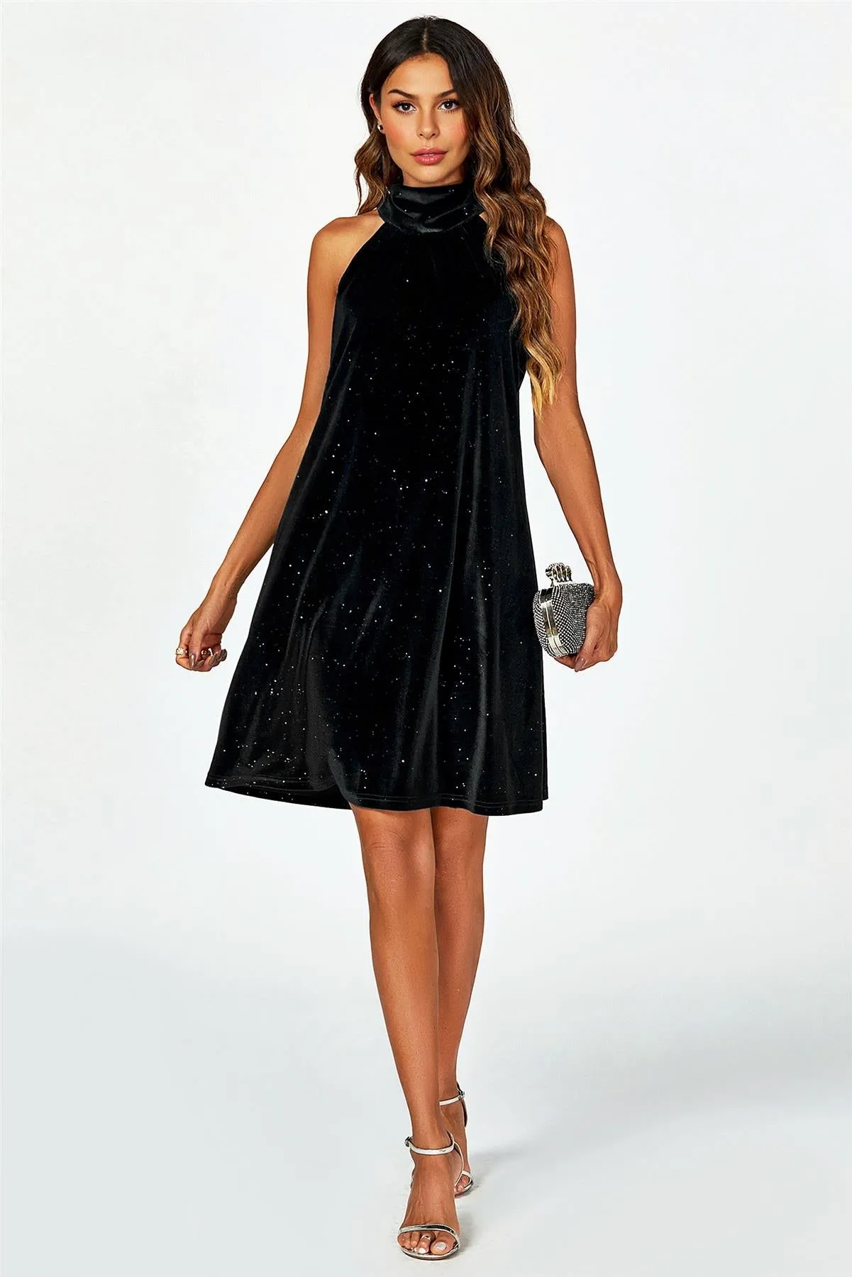 Silver Foil Velvet Halter Neck Tie Back Mini Dress In Black by FS Collection sold by Goddiva