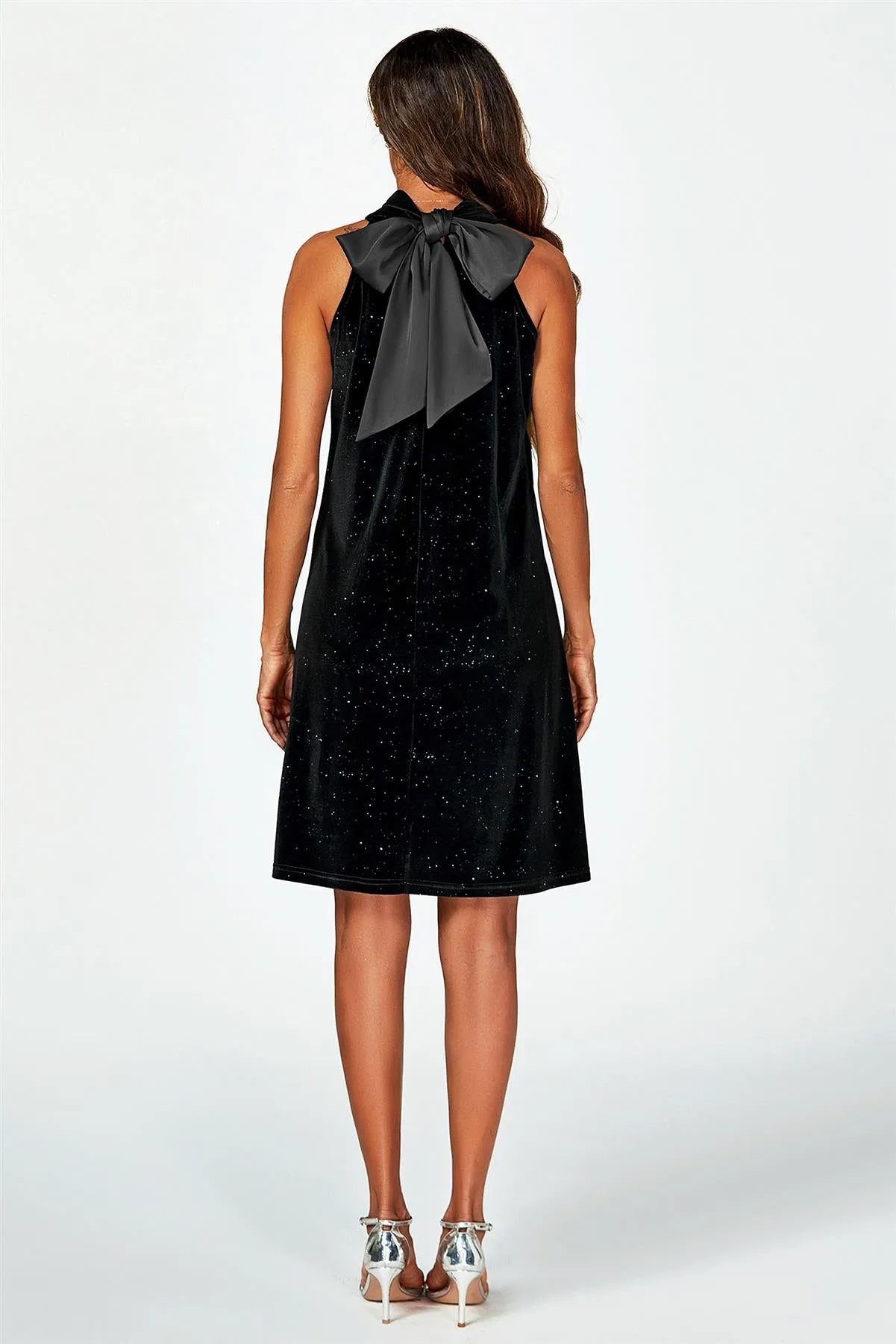 Silver Foil Velvet Halter Neck Tie Back Mini Dress In Black by FS Collection sold by Goddiva product image thumbnail 3