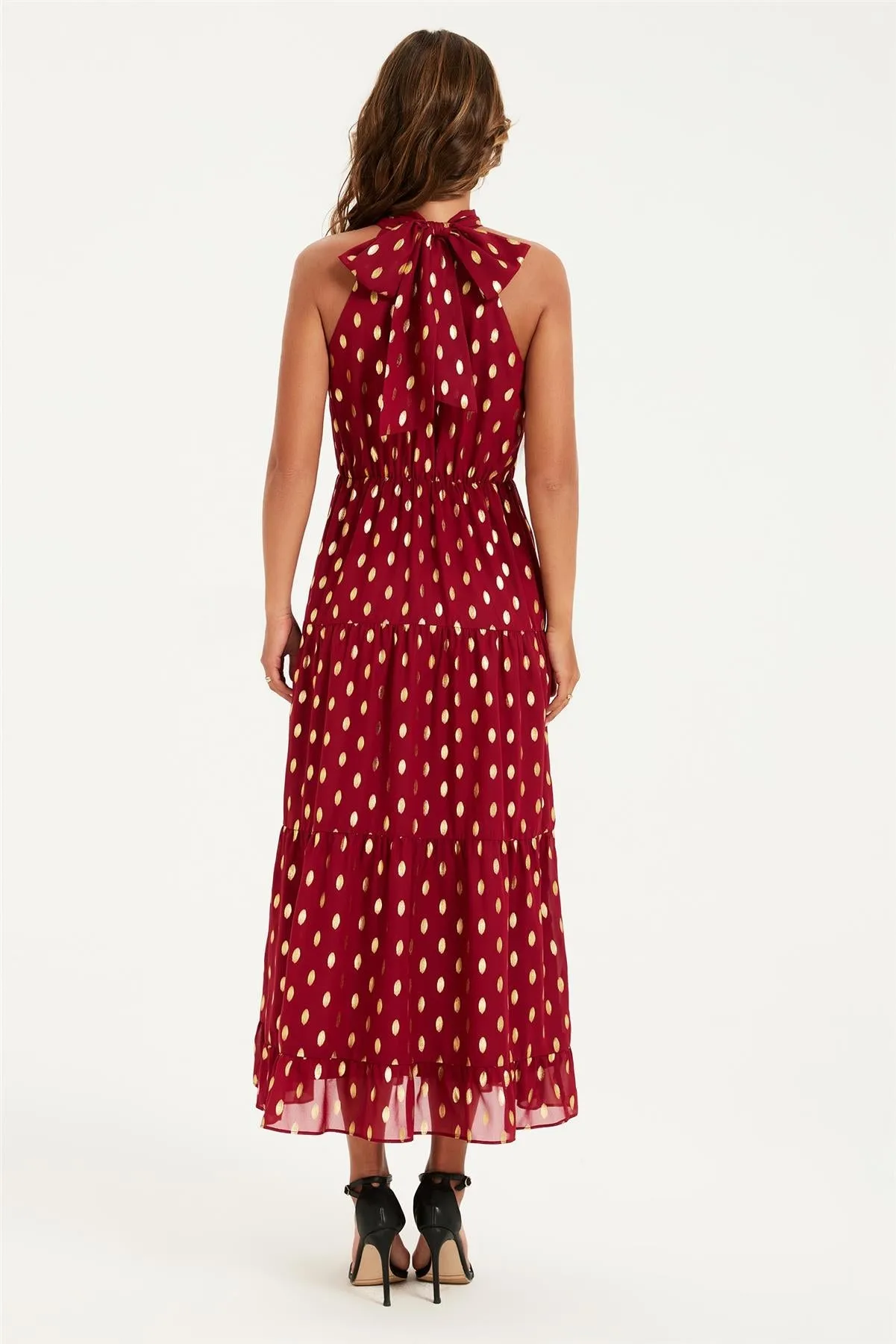 Gold Foil Halter Neck Tie Back Midi Dress In Wine by FS Collection sold by Goddiva product image thumbnail 3