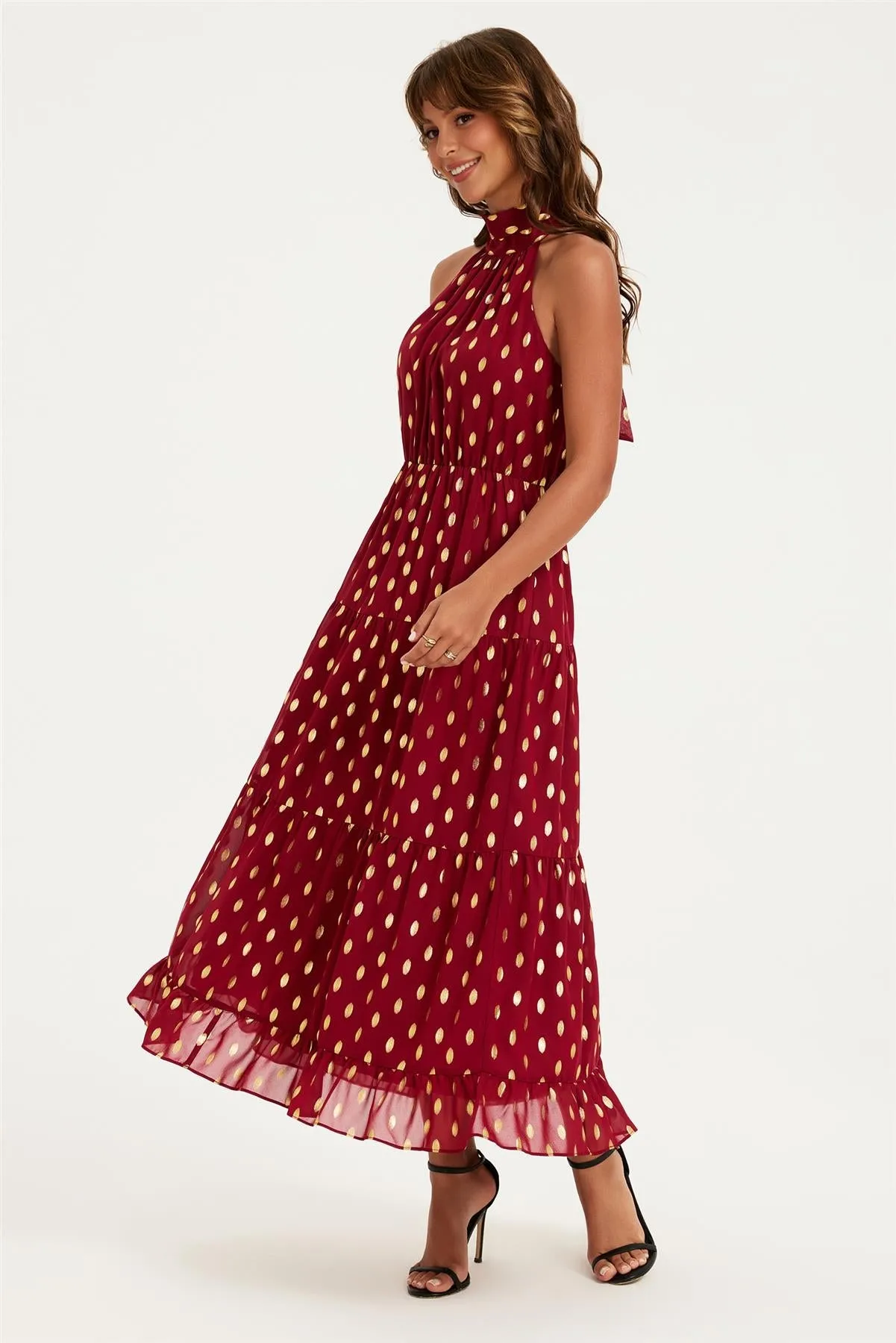 Gold Foil Halter Neck Tie Back Midi Dress In Wine by FS Collection sold by Goddiva product image thumbnail 4